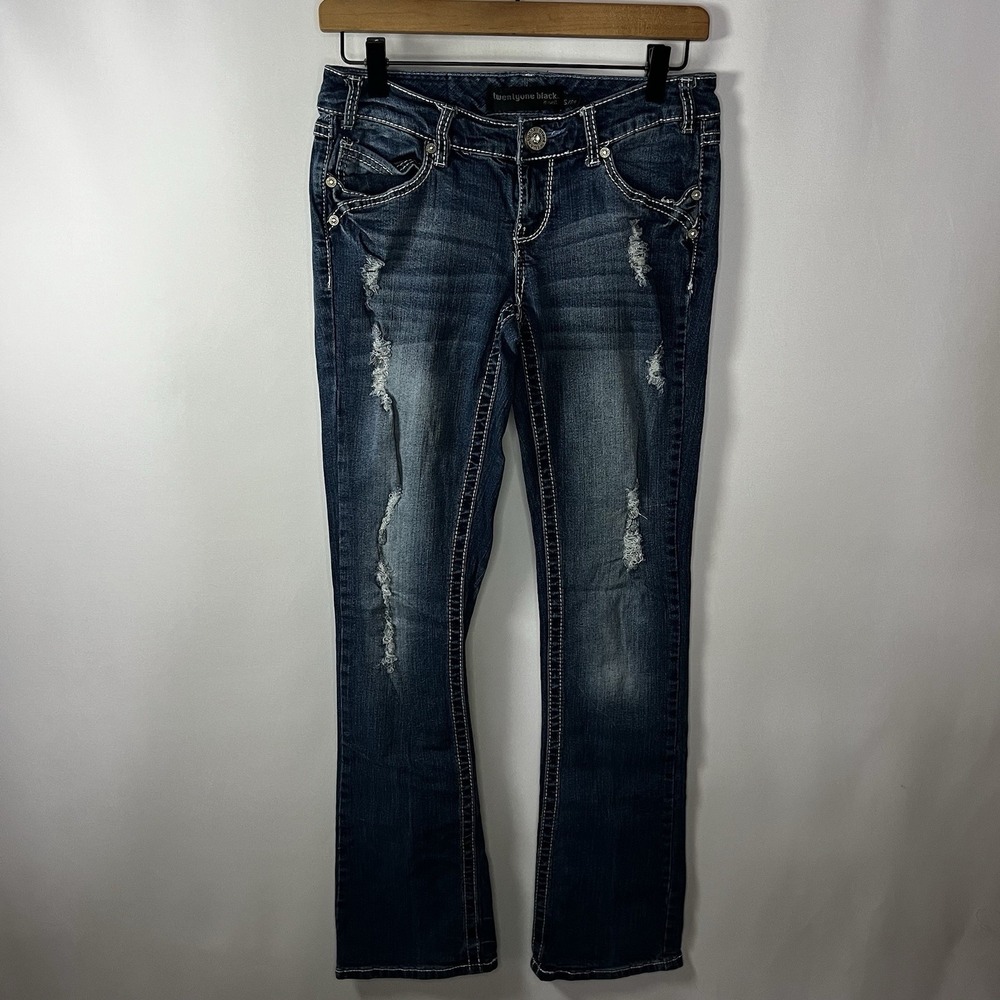 Y2K Rue21 TwentyOne Black Jeans Women Sz 5/6R Distressed‎ Low Rise Slim Bootcut
